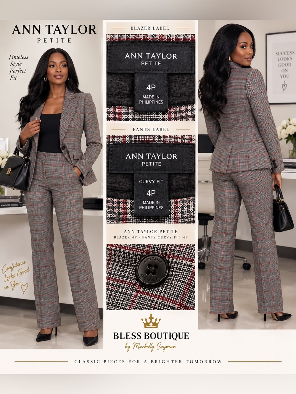 Ann Taylor Petite 4P Curvy Fit Plaid 2-Piece Blazer Pants Suit Gray